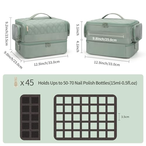 OCHEAL Nail Polish Organizer Bag 45+ Bottle Capacity with Side Pockets - Green, Detachable 2-in-1 Nail Tech Storage Case