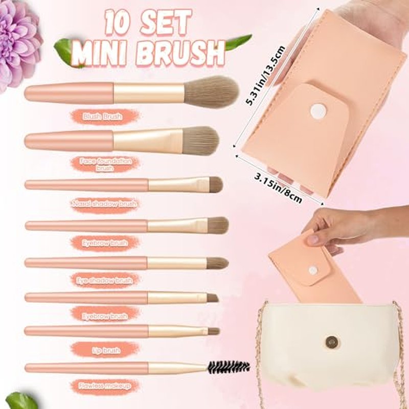 20 Pcs Travel Makeup Brush Set, 10 Mini Travel Brush Set with Bag and 10 Makeup Sponge Princess Party Favor Valentine's Day Gift for Women Home Party(Pink)