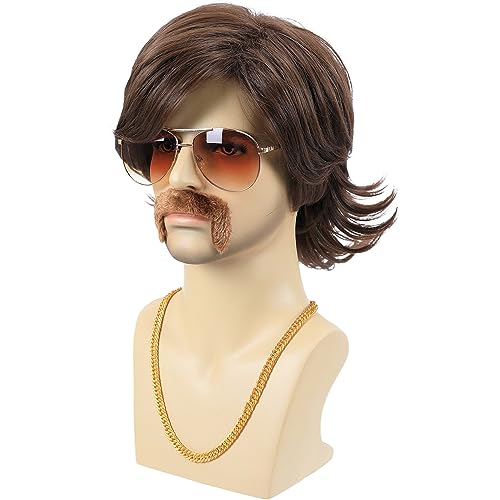70s Disco Costume Wig for Men - Brown Shaggy Retro Hair with Mustache & Glasses - Halloween Party Cosplay