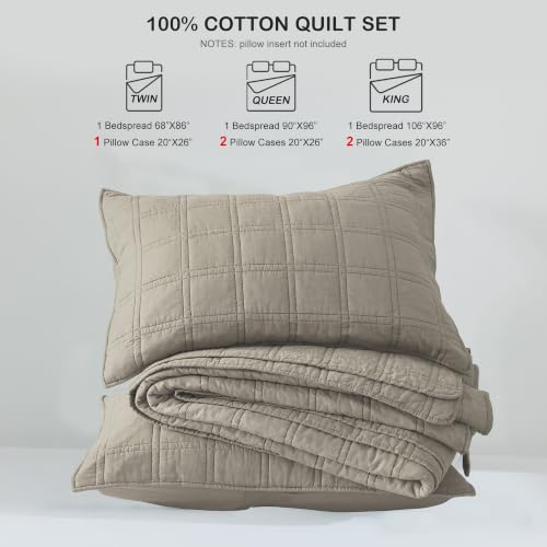 HORIMOTE HOME King Size 100% Cotton Quilt Set Taupe Geometric Pattern All Season Bedding