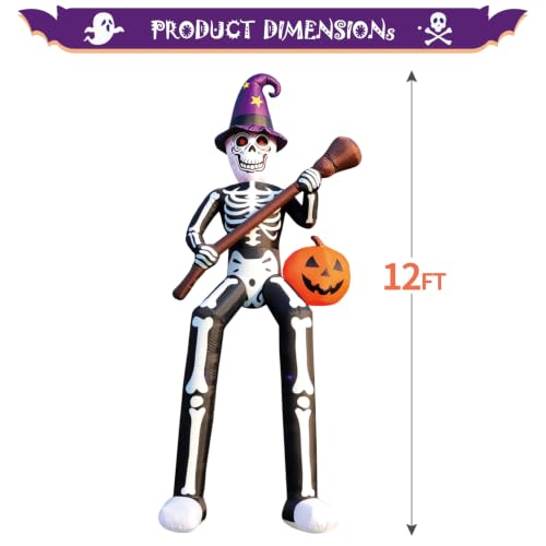 Halloween Inflatable Skeleton Wizard 12 FT with Broom & Pumpkin - Roof Skeleton Variation