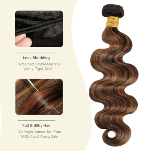 MOMOSHERO 1B/30/12in Human Hair Body Wave Bundles - Blonde Balayage Ombre, Virgin Remy, Sew-In Weave