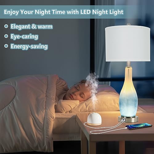 BesLowe 26’’ Tall Glass Table Lamps Set of 2 - Coastal White & Light Blue with USB & Nightlight