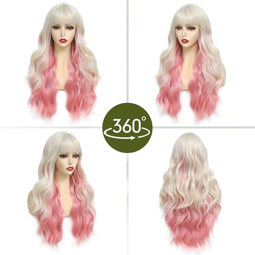Angzon Blonde Pink Wavy Wig with Bangs, 26 Inch, Heat-Resistant Synthetic Fiber