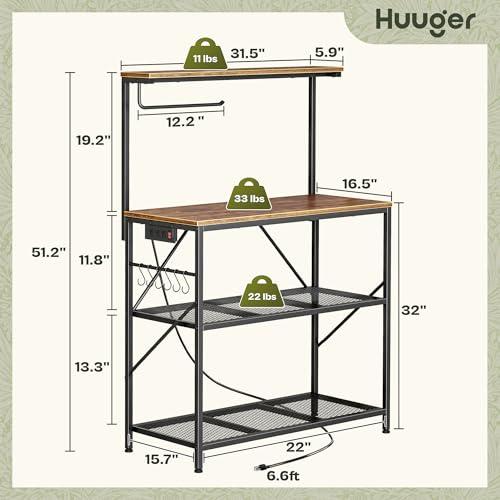 4-Tier Kitchen Storage Rack with Reversible Power Outlet - Rustic Brown, 31.5 Inch Microwave Stand & Coffee Bar