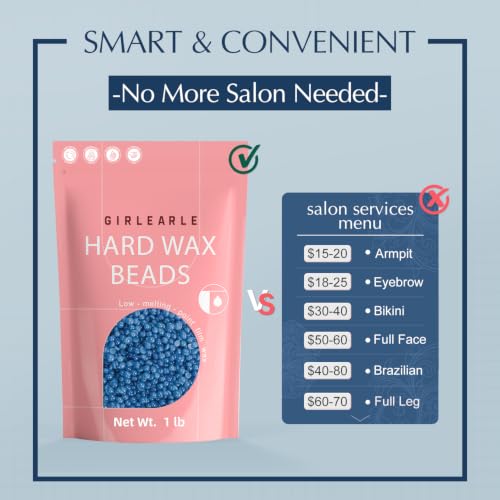 GIRLEARLE Blue Hard Wax Beads for Sensitive Skin, 1lb Wax Refill for Hair Removal, Bikini, Legs, Facial, Full Body, Chamomile Formula