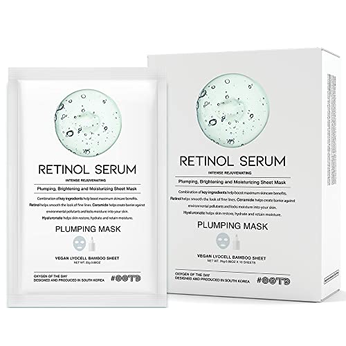 #OOTD Intense Rejuvenating Retinal Serum Vegan Sheet Mask [10 Count] Soothing Korean Beauty Bamboo Lycocell Facial Masks Sheets with Retinol, Ceramide, Hyaluronate Formula [ EVE Vegan Certified ]