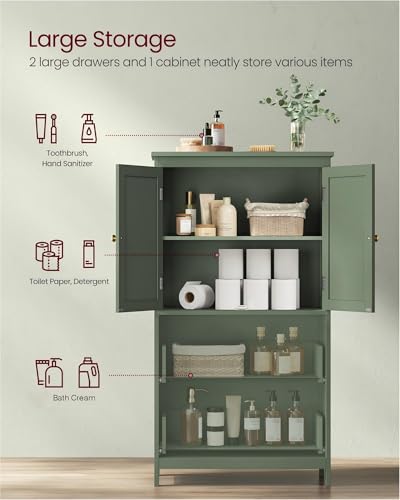 VASAGLE Bathroom Floor Cabinet with 2 Doors & 2 Drawers - Forest Green, Adjustable Shelves