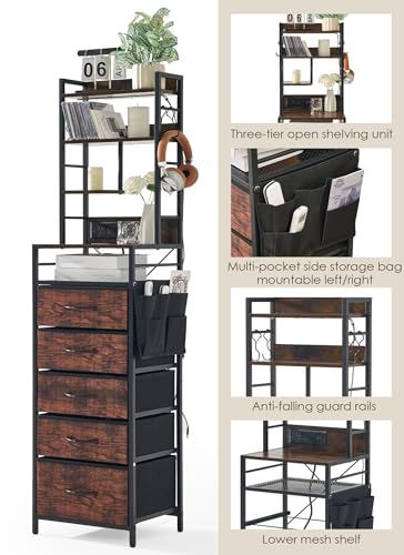 Tall Nightstand with Charging Station & 5 Drawers - Brown, 57 Inches - Variation of Brown / 1 Pack