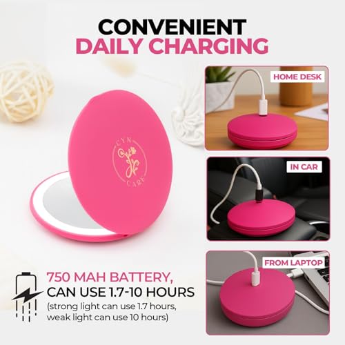 Cyn Care Hot Pink LED Travel Makeup Mirror with 1X/5X Magnification, 3 Light Modes & USB Rechargeable