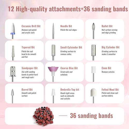 Cordless Electric Nail Drill File: 35000RPM Professional Nail Drill Machine with UV LED Nail Lamp Charging Base, Manicure Pedicure Kit E File for Acrylic Gel Dip Powder Polish Pink