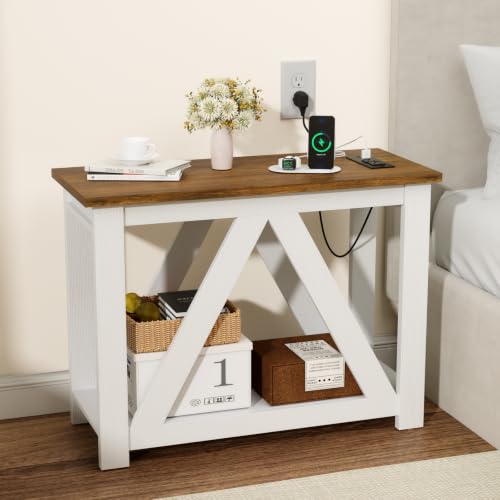 Farmhouse Narrow End Table with Charging Station - White & Honey Brown, Variation 1