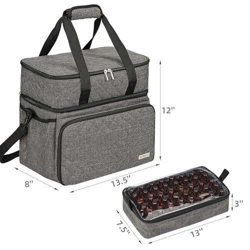 HOMEST Double Layer Nail Polish Organizer Holds 80 Bottles (15ml/0.5 fl. oz) and a Lamp, Case with 2 Removable Pouches for Manicure Tools Storage, Grey(Bag Only)