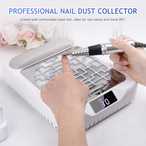 Rechargeable Nail Dust Collector White-2, Portable & Adjustable Nail Vacuum with LED Display