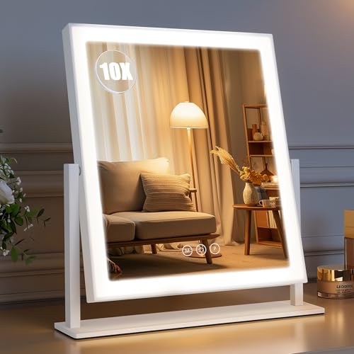 Vanity Mirror with Lights 14.5"x16.5", LED Makeup Mirror, 3 Color Lighting Modes, 10X Magnification, Smart Touch Control, Dimmable, Aluminum Metal Frame, Lighted Up for Vanity Desk (White)