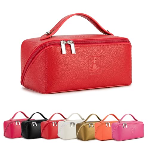ROYALFAIR Travel Makeup Bag,Large Capacity Cosmetic Bags for Women, PU Leather Waterproof Portable Pouch Open Flat Toiletry Bag Make up Organizer with Divider and Handle (red)