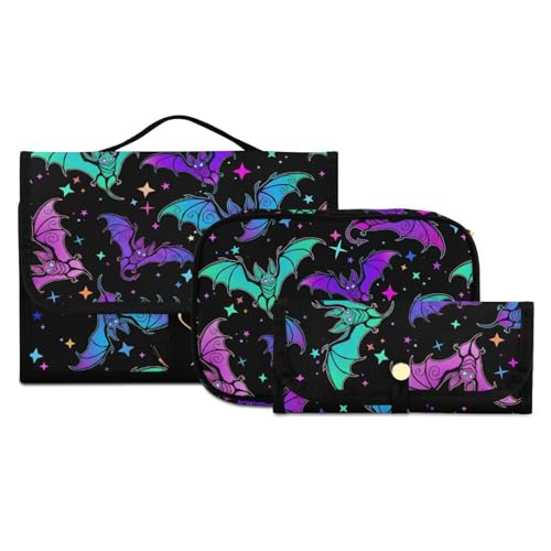 Travel Toiletry Bag Set - 3 Pieces Hanging Makeup Organizer with Clear Compartments - Bat 96 Variation