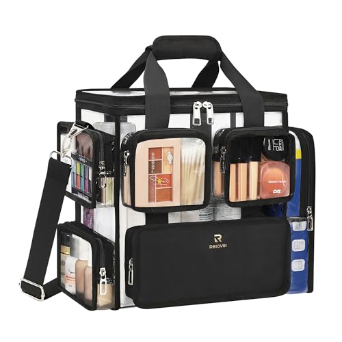 Relavel Large Clear Makeup Bags, Professional Makeup Artist Kit Set Bag with Removable Dividers, Travel Cosmetic Organizer Hairstylist Traveling Bag Transparent PVC Work Tote Bag Duffle Bag for Women