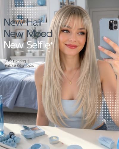 26-Inch Straight Wig with Bangs - High Crown, Realistic Scalp, Voluminous Style - Milk Ash Blond