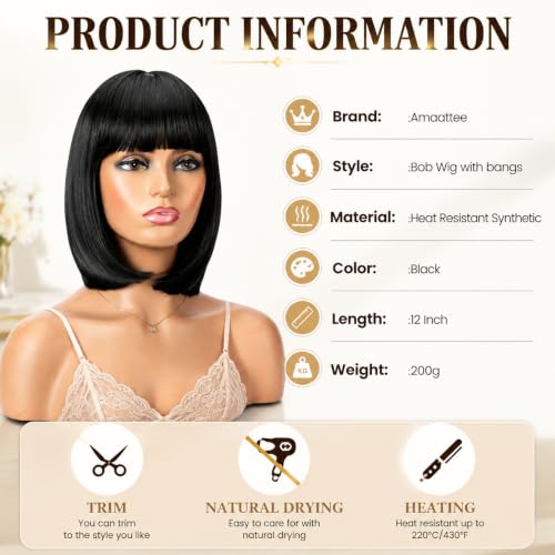 Black Short Bob Wig with Bangs - 12 Inch Synthetic Glueless Wig for Women - Amaattee