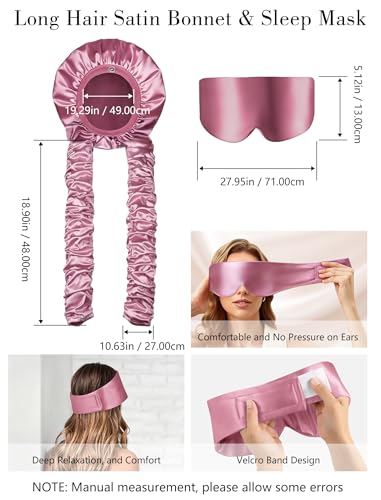 Pink Satin Sleep Bonnet with Eye Mask & Curling Ribbons - No Slip Hair Protector