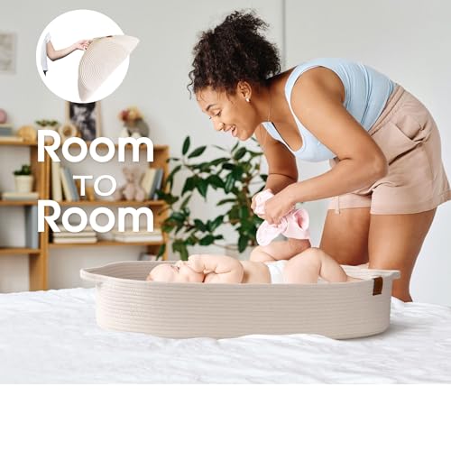 Baby Changing Basket with Diaper Caddy - Soft Waterproof Cover, Portable, Organic Cotton Rope - Soft Beige