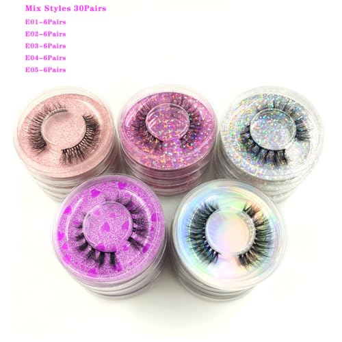 U-Hotmi 30 Pairs Wholesale 3D Faux Mink Eyelashes - 5 Styles, Reusable, Natural Look, 12-14mm
