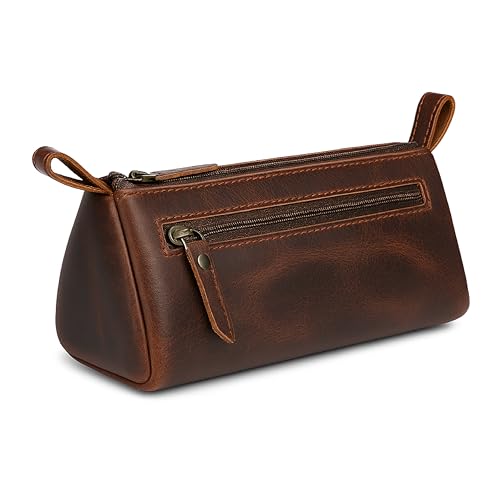 Leather Makeup Bag for Women ? Genuine Leather Cosmetic Bag Travel, Handmade Zippered Makeup Pouch, Small Toiletry Bag, Shaving Kit & Stationery Organizer- Brown