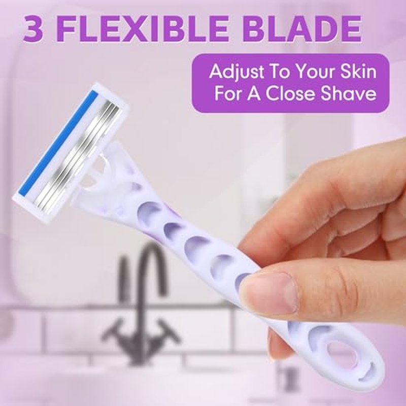 96 Count Women's Disposable Razors Bulk Purple 3 Blade Sensitive Skin Bikini Line Razor for Bathing Hotel Travel