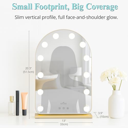 LUXFURNI Vanity Mirror with Lights, 20.5" L x 13" W Arched LED Makeup Mirror, Lighted Makeup Mirror with Lights, Smart Touch Control Dimmable 3 Modes Light, Gold