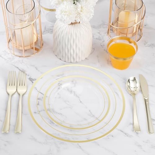 BESTVIP Clear Gold Plastic Plate Set for 100 Guests - Disposable Dinnerware for Weddings & Parties