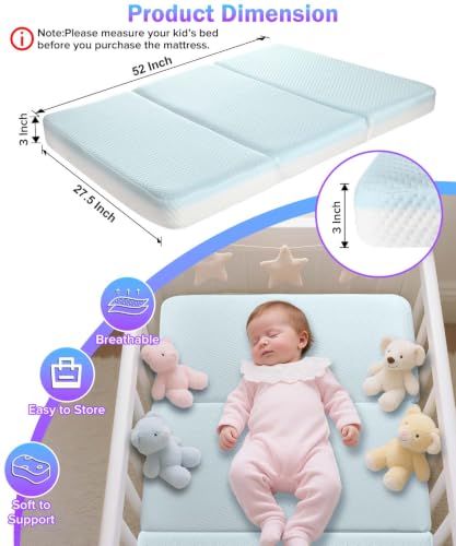 3 Inch Trifold Crib Mattress 52x27.5 inches for Baby, Portable & Waterproof