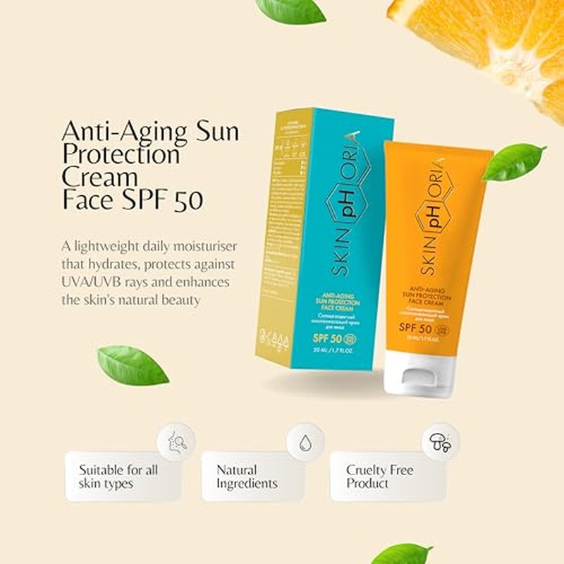 Anti-Aging Sun Protection Cream SPF 50 ? Broad Spectrum Daily Face Cream for All Skin Types ? Helps Protect Skin and Support a Youthful Glow ? With Jojoba & Rosehip Oils ? 50ml