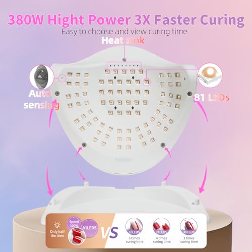 380W UV LED Nail Lamp with 81 Beads, Fast Curing Gel Polish, 4 Timer Settings