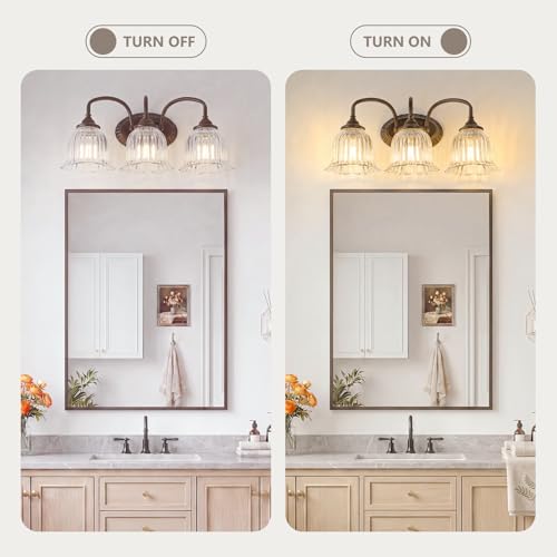 Oil Rubbed Bronze 3-Light Bathroom Vanity Light with Floral Glass Shades - Vintage Style