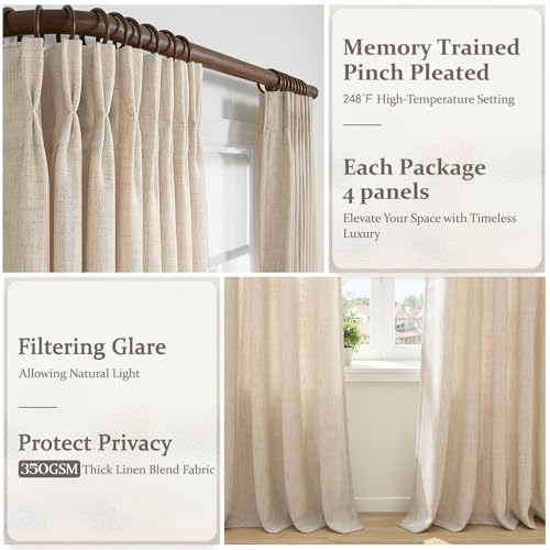 Natural Pinch Pleated Linen Curtains 96 Inches Long - Set of 4, Light Filtering, Rustic Sheer Drapes, Back Tab Design