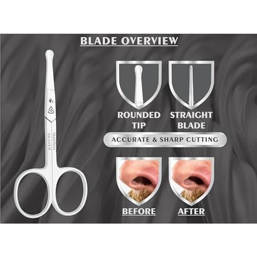 SILLVER Facial Hair Small Grooming Scissors for Men Women - Rounded and Curved - Eyebrow, Nose, Beard, Mustache, Eyelashes, Dry Skin and Ear Hair Trimming Scissors