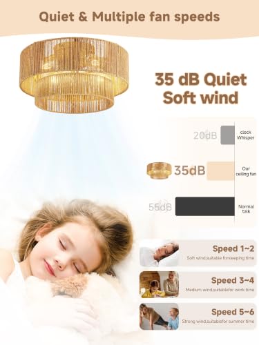 Gold Boho Caged Ceiling Fan with Light Flush Mount - Handwoven Rattan Fandelier