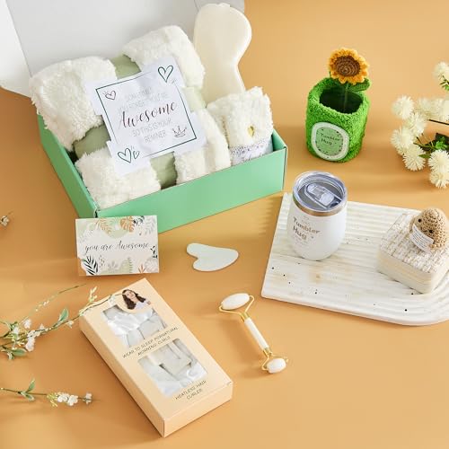 VANJOROY Birthday Gift Basket for Women – Self-Care Sunflower Box, Beige/White