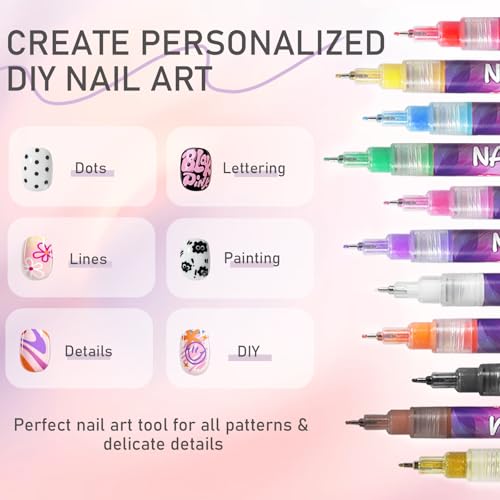 12 Color Nail Art Pen Set with Dotting & Fine Liner Brushes - Vibrant, Long-Lasting