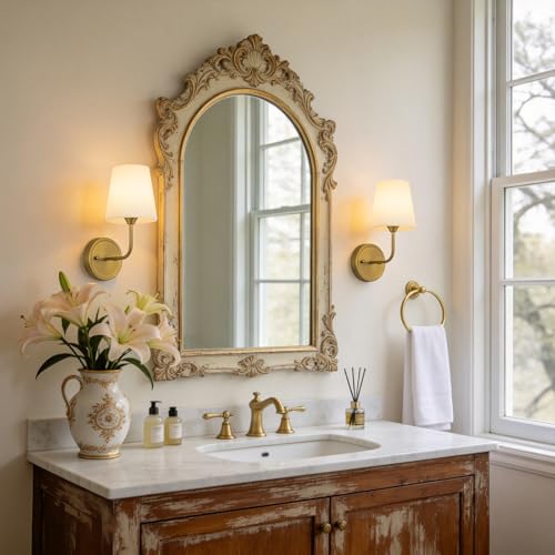 Set of 2 Brass Wall Sconces with Glass Shades - Mid Century Modern Hardwired Lighting