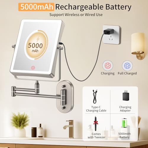 FUNTOUCH 5000mAh Rechargeable Wall Mounted Makeup Mirror with Lights, 8.7" Double Sided 1X/30X Magnifying Mirror with Dimmable 3 Color Light, Extended Swing Arm 360¡Æ Wall Mount Bathroom Vanity Mirror