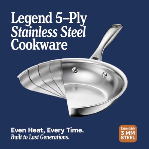 Legend Cookware 12-Inch 5-Ply Stainless Steel Frying Pan with Lid - Induction & Oven Safe