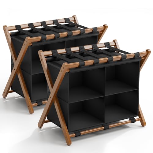Walnut Bamboo Luggage Rack 2 Pack with 4 Storage Compartments, Foldable Suitcase Stand