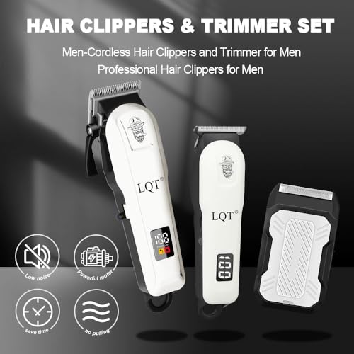 LQT White Cordless Men Hair Clippers & Trimmer Set - 3 pcs Professional Grooming Kit