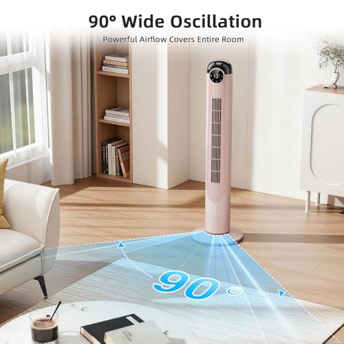 Pink 42 Inch Tower Fan with Remote, 6 Speeds & 4 Modes - Quiet Oscillating Bladeless Fan