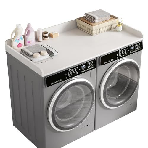 White Wooden Laundry Countertop for Washer & Dryer - 54" x 27.5", Edge Rails, Anti-Slip Strips, 1 Tier