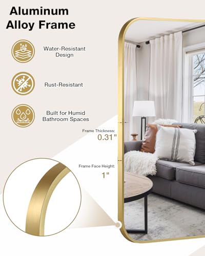 24x36 Inch Brushed Gold Rectangle Bathroom Mirror - Modern Over Sink Vanity with Rounded Corners (Variation of THIS listing)
