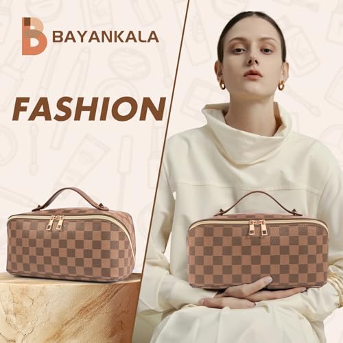 Leather Travel Makeup Bag, Large Capacity Cosmetic Bag for Women, Waterproof Portable Pouch with Divider, Toiletry Organizer with Handle, 10.5x5x5 Inches, Deep Brown