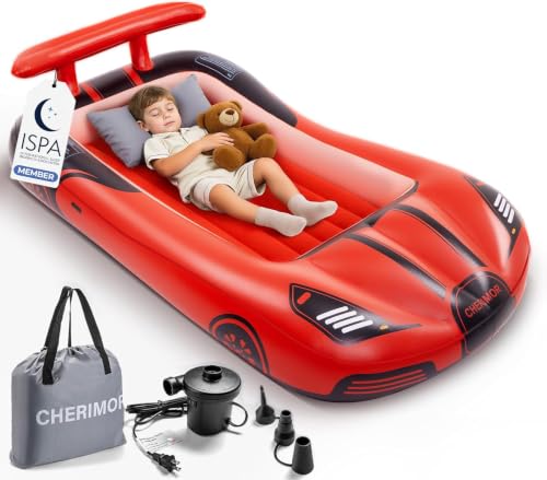 Red Inflatable Toddler Travel Bed with Safety Bumpers & Auto Pump